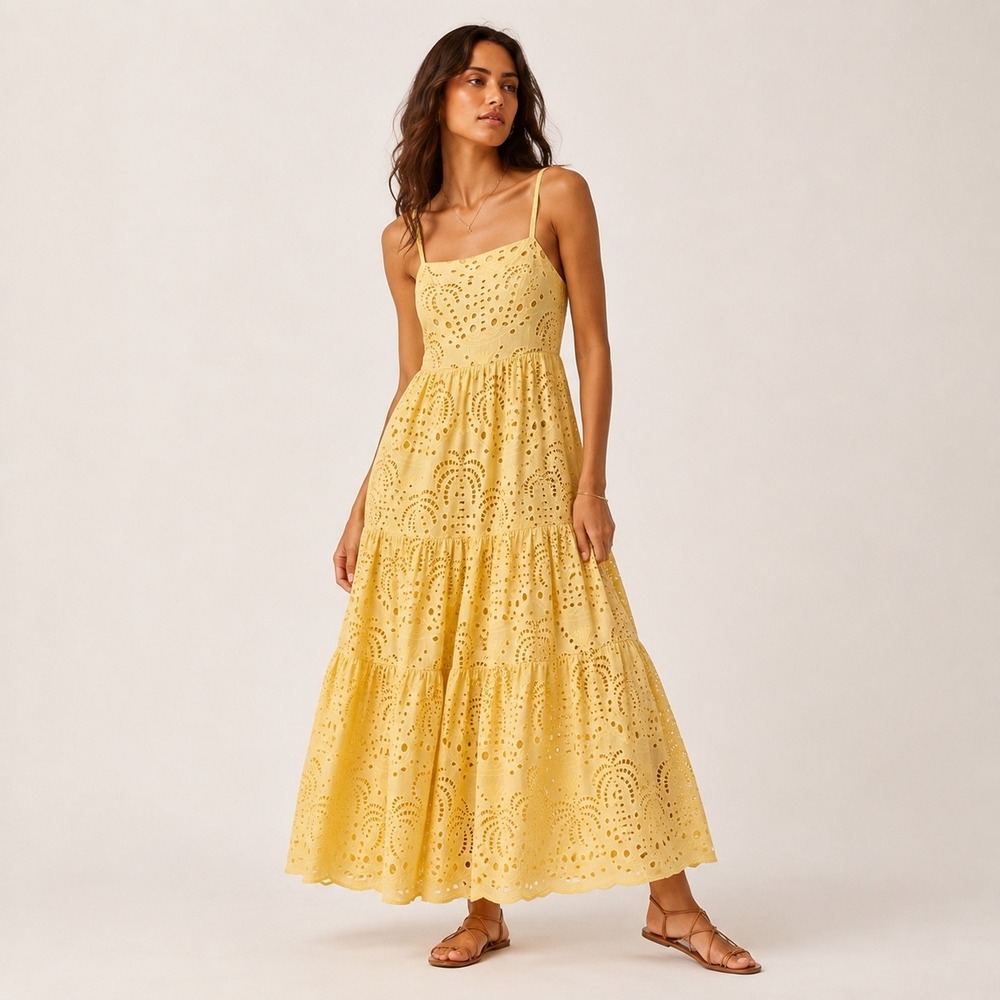 Calypso St Barth Eyelet Maxi Dress Womens XS Yellow Tiered Smocked Back 12944